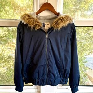Roxy Hooded Jacket Faux Fur Trim Navy Women’s Medium